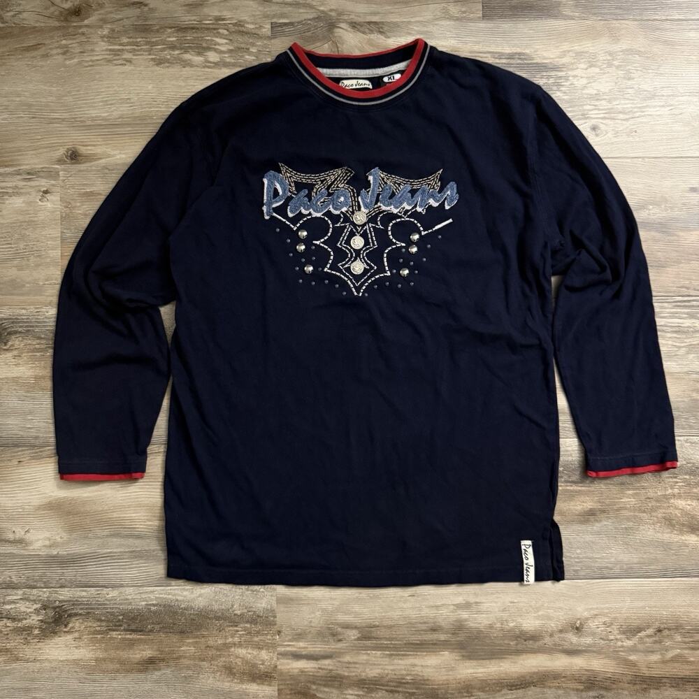 Vintage Paco Jeans Y2K Navy Long Sleeve Graphic Shirt Studded Embroidered XL
